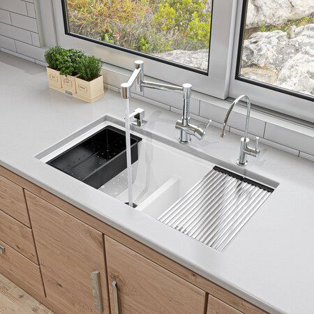 Alfi Brand 33 inch Granite Composite Workstation Double Bowl Undermount Sink w Accessories AB3418DBUM-W